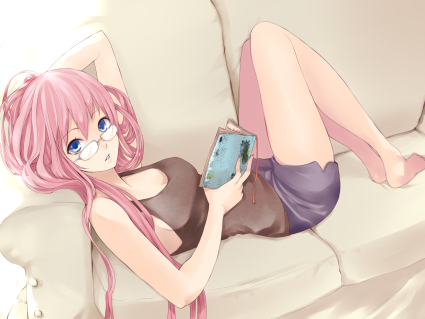 bad_id, bare_shoulders, barefoot, bespectacled, blue_eyes, book, casual, couch, glasses, highres, legs, long_hair, lying, megurine_luka, no_bra, on_back, pink_hair, reading, roku_(hikokeng), shorts, sleeveless, solo, tank_top, vocaloid
