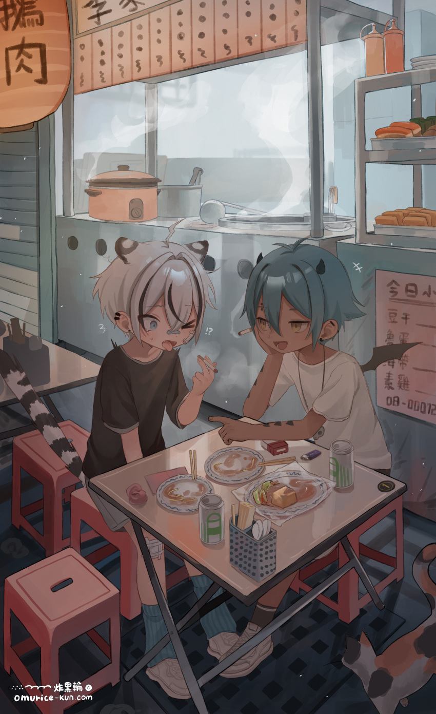 !?, >_o, 2boys, absurdres, ahoge, animal_ears, aqua_hair, bandaid