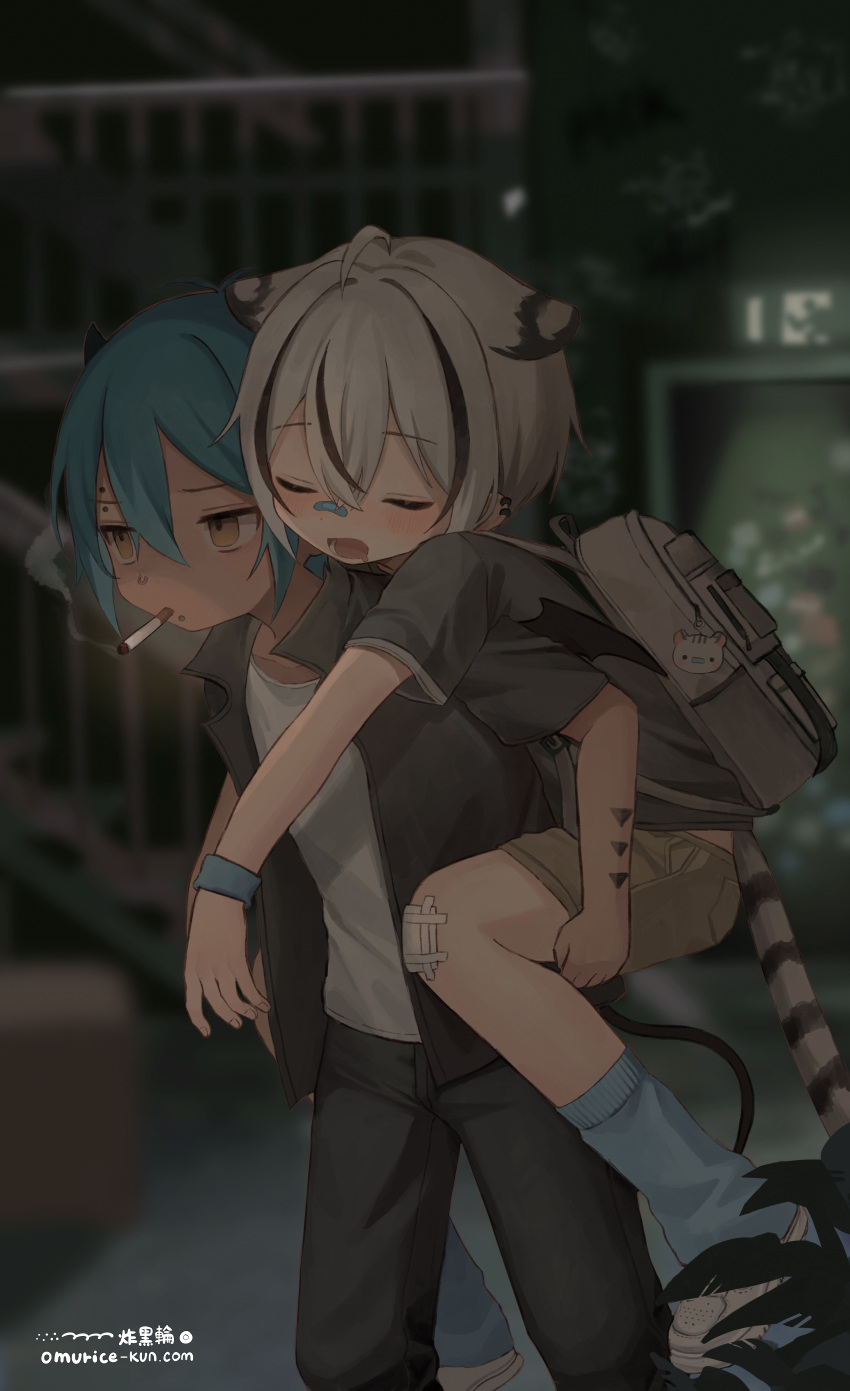 2boys, absurdres, animal_ears, aqua_hair, backpack, bag, bandaid, bandaid_on_face