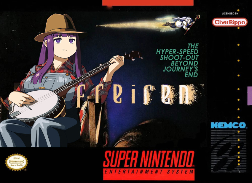 absurdres, banjo, blue_overalls, breasts, checkered_clothes, checkered_shirt, chet_rippo, fern_(sousou_no_frieren)