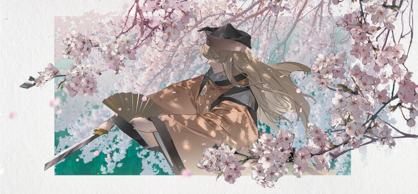 1girl, black_hat, blonde_hair, border, brown_hat, cherry_blossoms, detached_sleeves, hand_fan