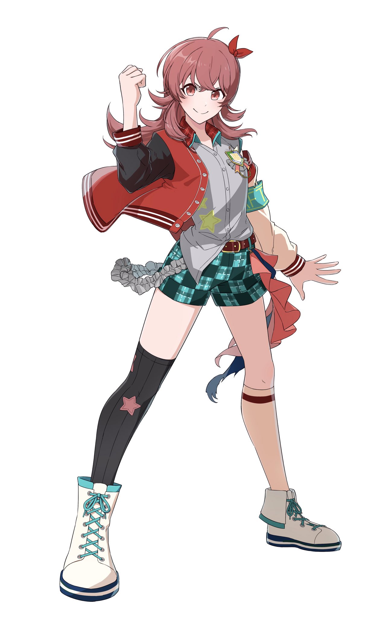 1girl, ahoge, armband, asymmetrical_footwear, asymmetrical_legwear, belt, black_thighhighs, blush
