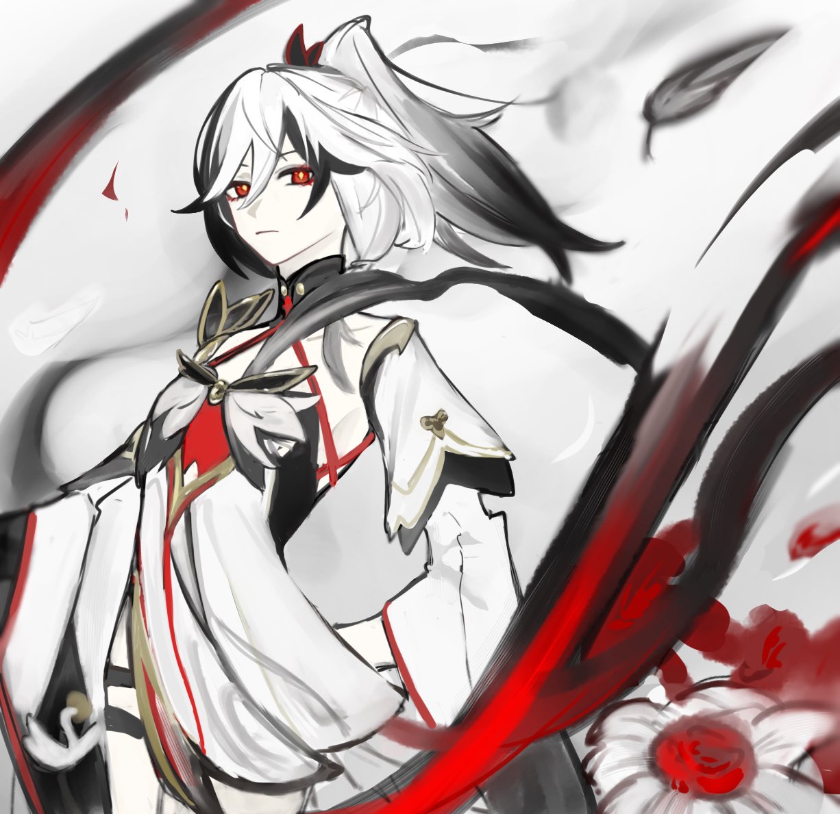 1girl, arm_behind_back, black_hair, closed_mouth, collarbone, commentary_request, detached_collar, detached_sleeves