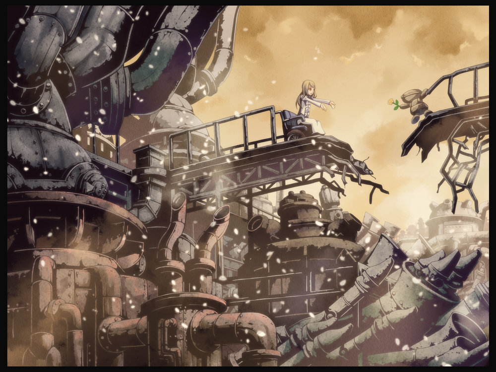 brown_hair, flower, industrial, original, otacool, red_eyes, robot, science_fiction