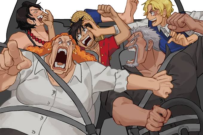 1girl, car, curly_dadan, driving, monkey_d._garp, monkey_d._luffy, monkey_d_luffy, multiple_boys