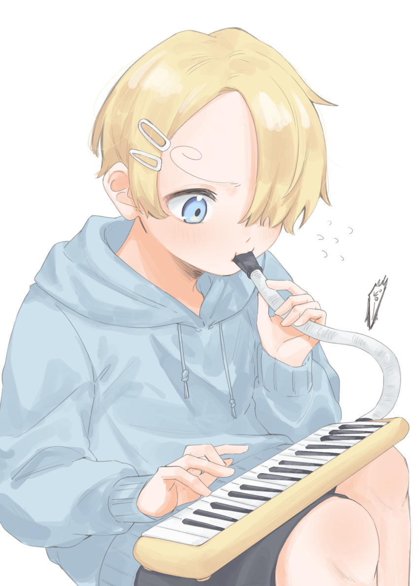 1boy, aged_down, black_shorts, blonde_hair, blue_eyes, blue_hoodie, child, commentary, curly_eyebrows, hair_ornament, hair_over_one_eye, hairclip, highres, hood, hood_down, hoodie, instrument, keyboard_(instrument), lily-summer-0607, long_bangs, looking_at_object, looking_down, male_focus, melodica, music, one_piece, playing_instrument, sanji_(one_piece), short_hair, shorts, simple_background, sitting, translated, white_background