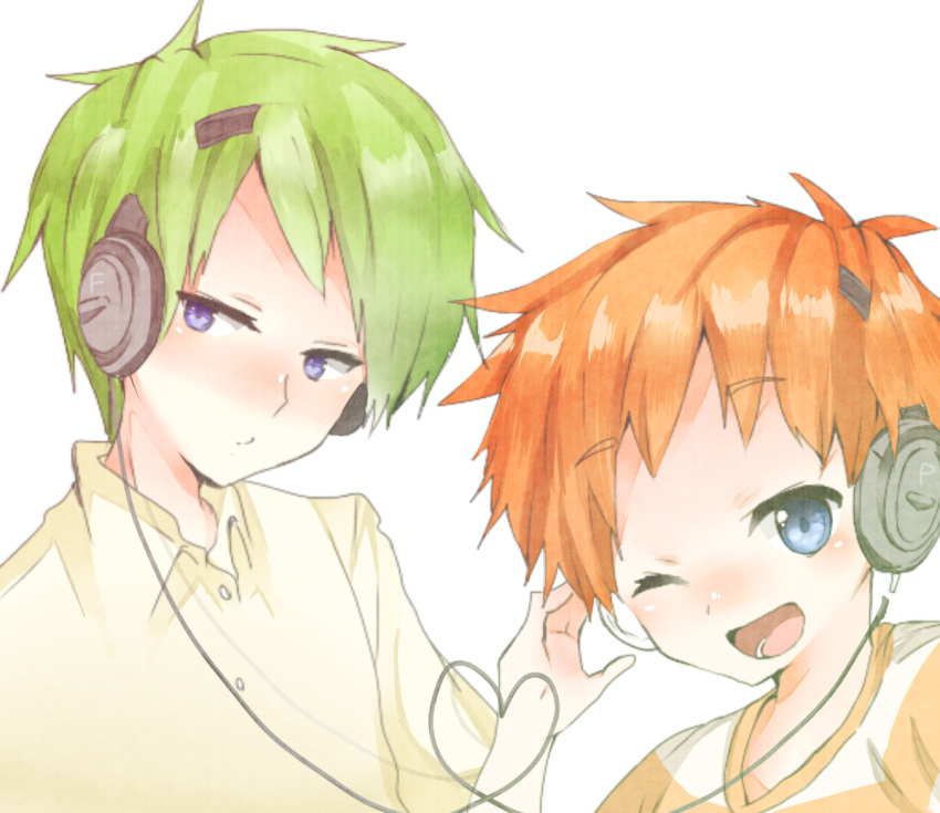 2boys, blue_eyes, brothers, ferb_fletcher, fuukou_furiko, green_hair, multiple_boys, open_mouth