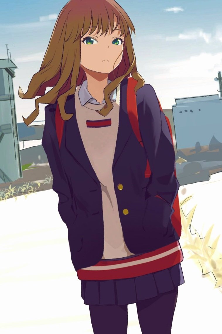 1girl, bag, black_jacket, black_skirt, brown_hair, green_eyes, gridman_universe, hand_in_pocket