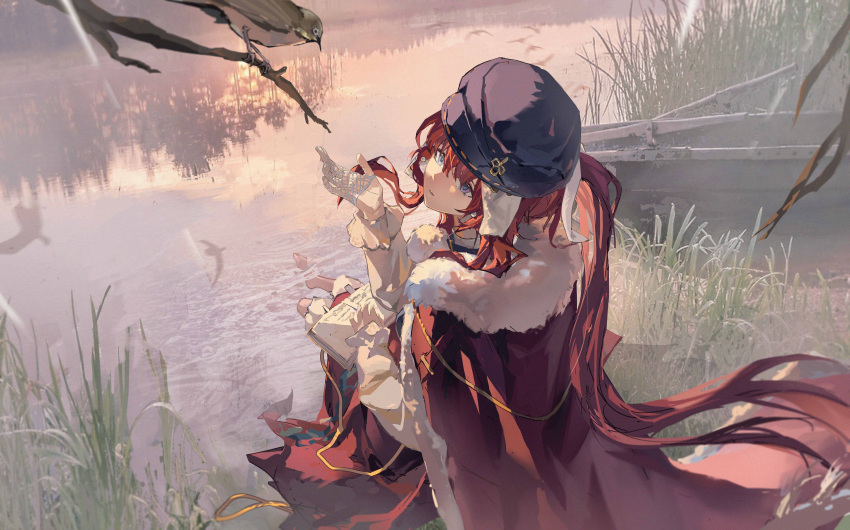 1girl, absurdres, barefoot, bird, bird_request, black_hat, blue_eyes, book