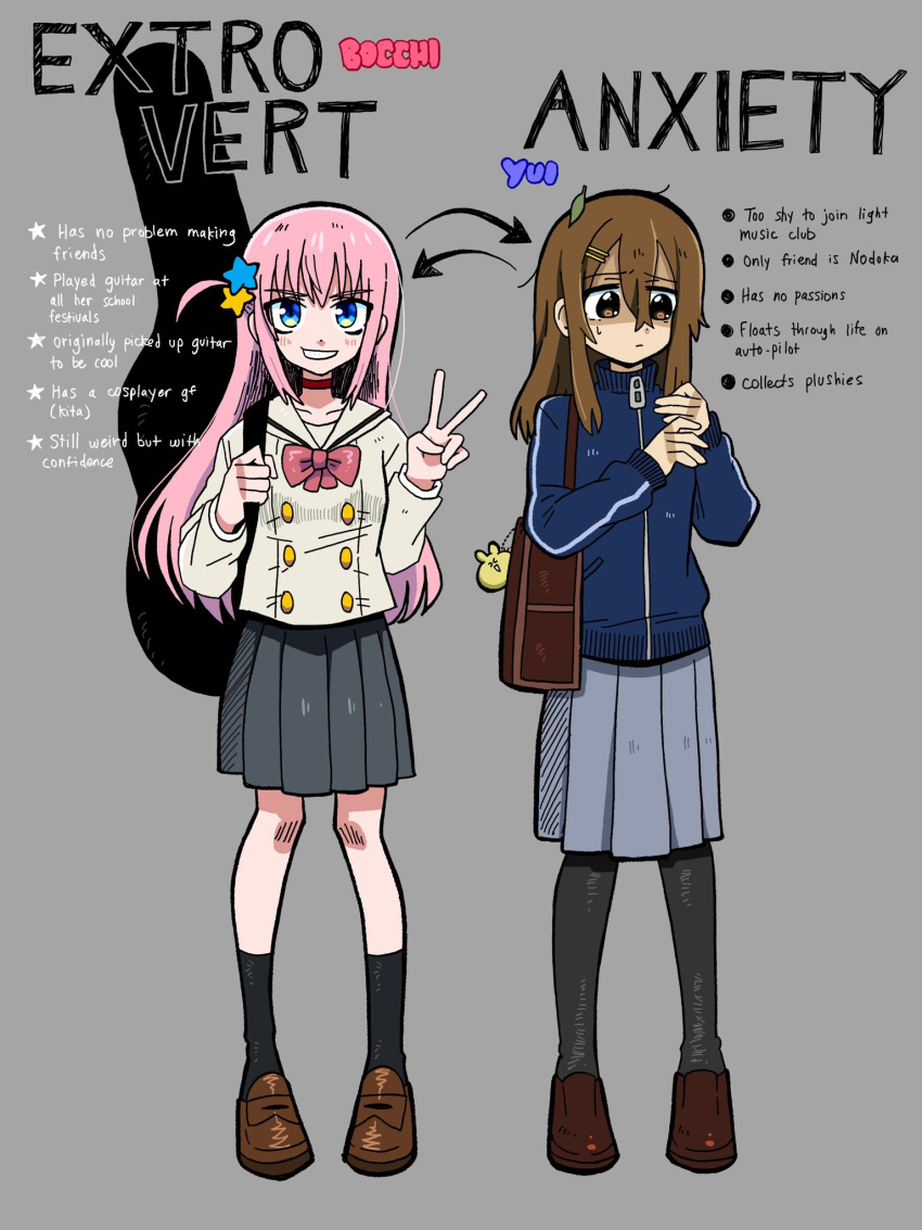 2girls, ahoge, black_pantyhose, blue_eyes, bocchi_the_rock!, brown_eyes, brown_hair, buttons