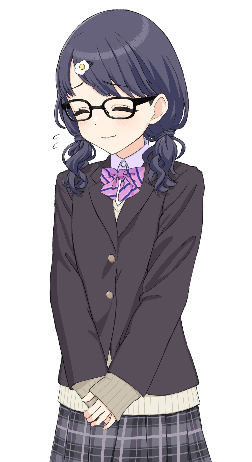 1girl, ^_^, black-framed_eyewear, black_jacket, blazer, blush, bow, bowtie, closed_eyes, cosplay, flying_sweatdrops, fukumaru_koito, glasses, highres, idolmaster, idolmaster_shiny_colors, inubusa, jacket, light_smile, long_sleeves, morino_rinze, morino_rinze_(cosplay), own_hands_together, pink_bow, pink_bowtie, plaid, plaid_skirt, pleated_skirt, school_uniform, simple_background, skirt, solo, striped_bow, striped_bowtie, striped_clothes, sweater, twintails, white_background, yellow_sweater