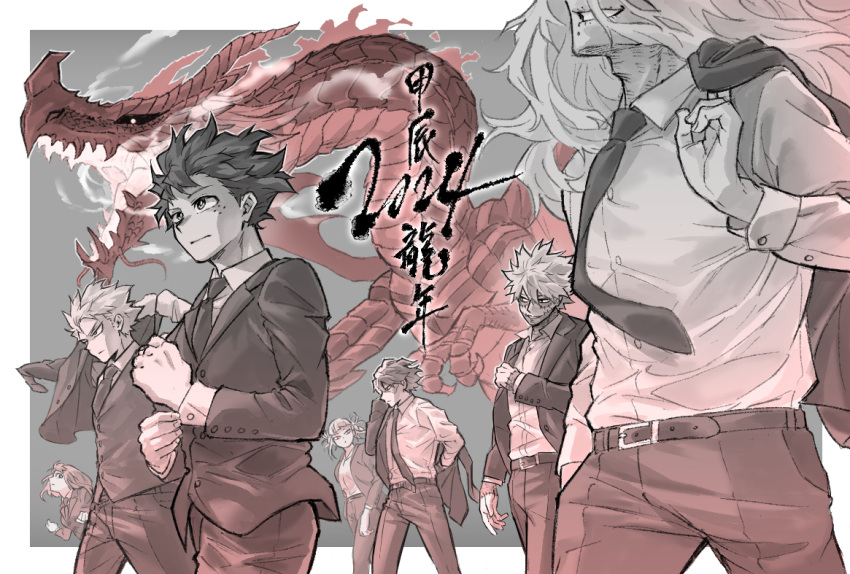 2girls, 5boys, adjusting_clothes, adjusting_sleeves, arm_at_side, bakugou_katsuki, belt, belt_buckle