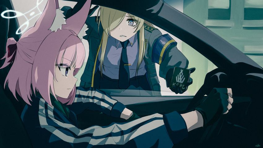2girls, absurdres, animal_ear_fluff, animal_ears, black_gloves, black_jacket, black_necktie, blonde_hair