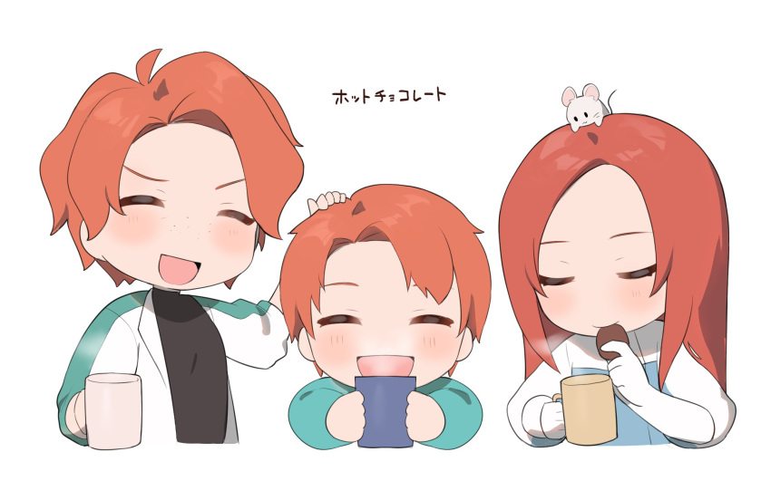 1boy, 2girls, animal_on_head, animification, apex_legends, aqua_sweater, ashleigh_reid, black_shirt