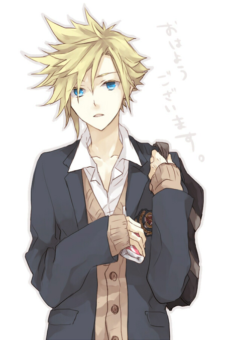 1boy, alternate_costume, alternate_universe, bag, bisukorokoro, black_bag, black_jacket, blonde_hair, blue_eyes, brown_sweater, cloud_strife, dress_shirt, expressionless, final_fantasy, final_fantasy_vii, hands_up, jacket, looking_at_viewer, male_focus, open_clothes, open_jacket, parted_lips, school_bag, school_emblem, school_uniform, shirt, short_hair, shoulder_bag, simple_background, solo, spiky_hair, sweater, third-party_source, translation_request, upper_body, white_background