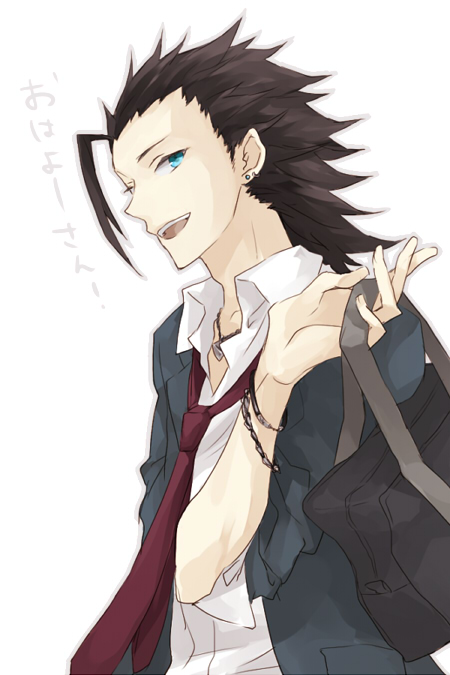 1boy, alternate_costume, alternate_universe, bag, bisukorokoro, black_hair, black_jacket, blue_eyes