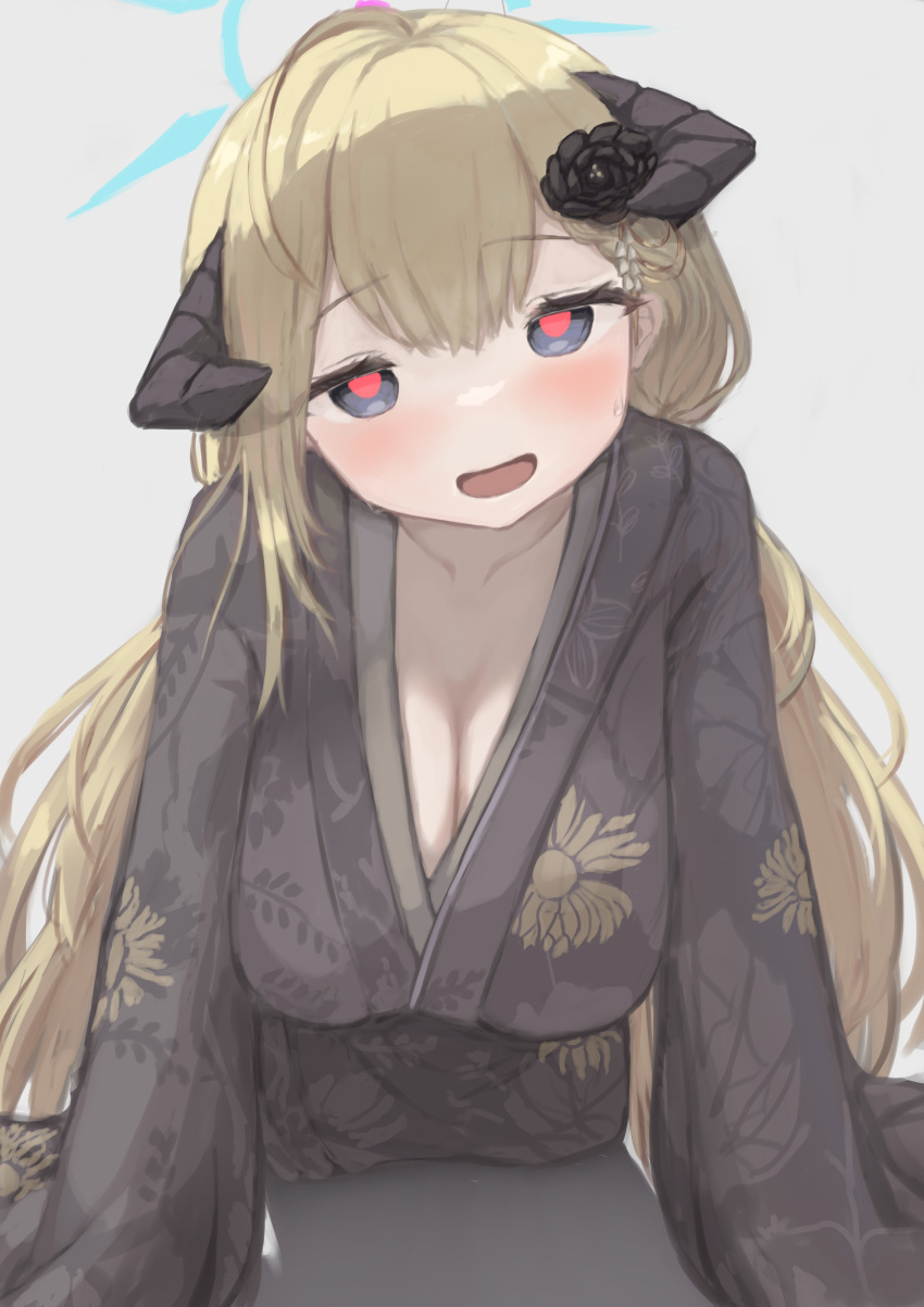 1girl, absurdres, ahoge, akari_(blue_archive), akari_(new_year)_(blue_archive), black_kimono, blonde_hair, blue_archive