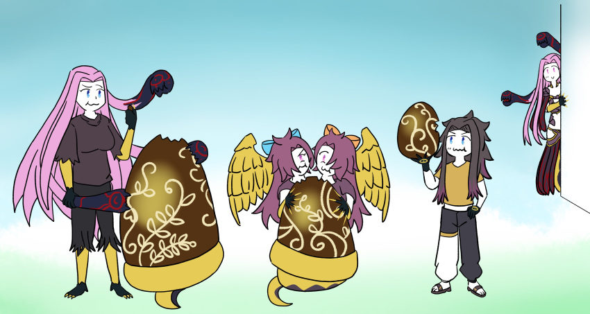 1boy, 3girls, absurdres, chocolate, conjoined, eating, fate/grand_order, fate_(series)