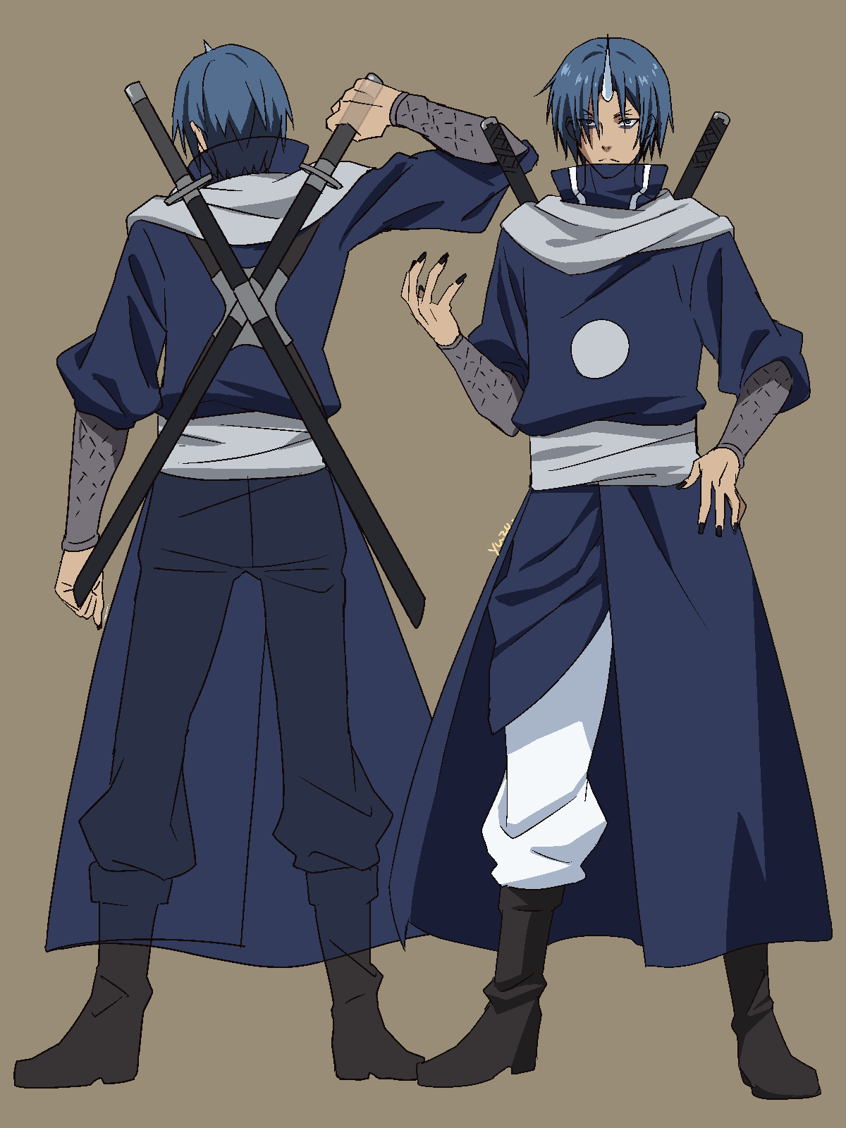 1boy, black_footwear, black_nails, blue_eyes, blue_hair, boots, closed_mouth, dual_wielding