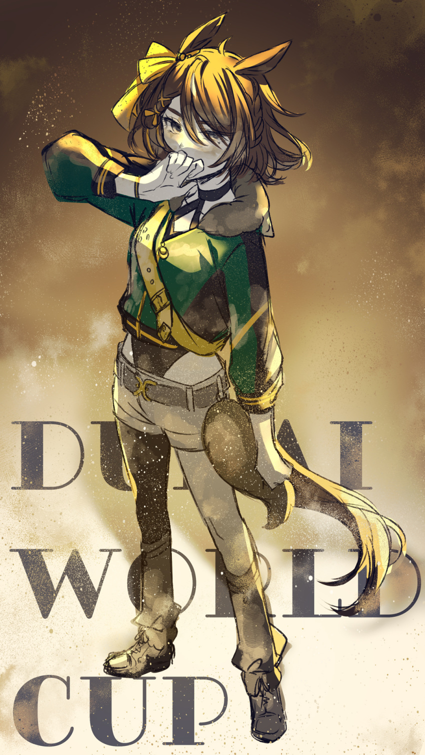 1girl, animal_ears, belt, black_belt, black_footwear, bow, brown_hair, collarbone