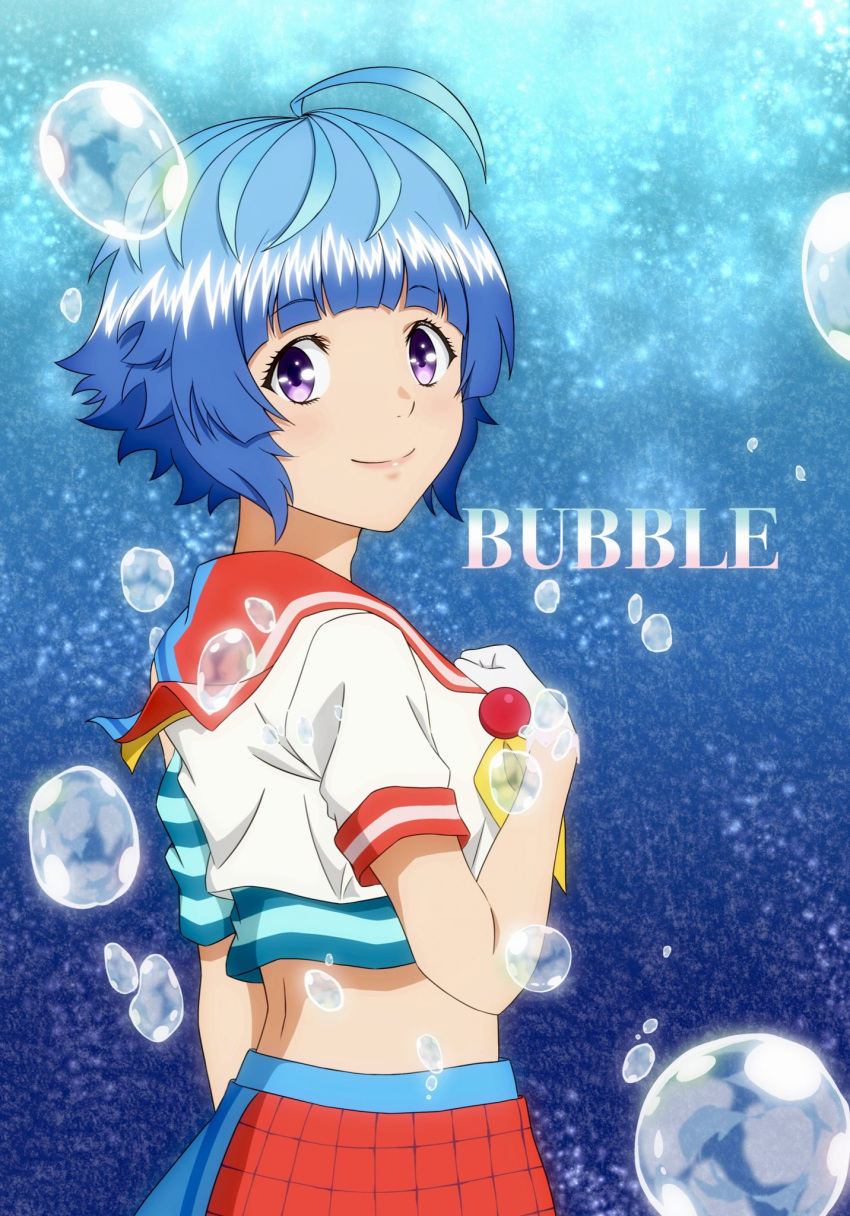 1girl, ahoge, blue_hair, bubble, bubble_(anime), highres, sailor_collar, school_uniform