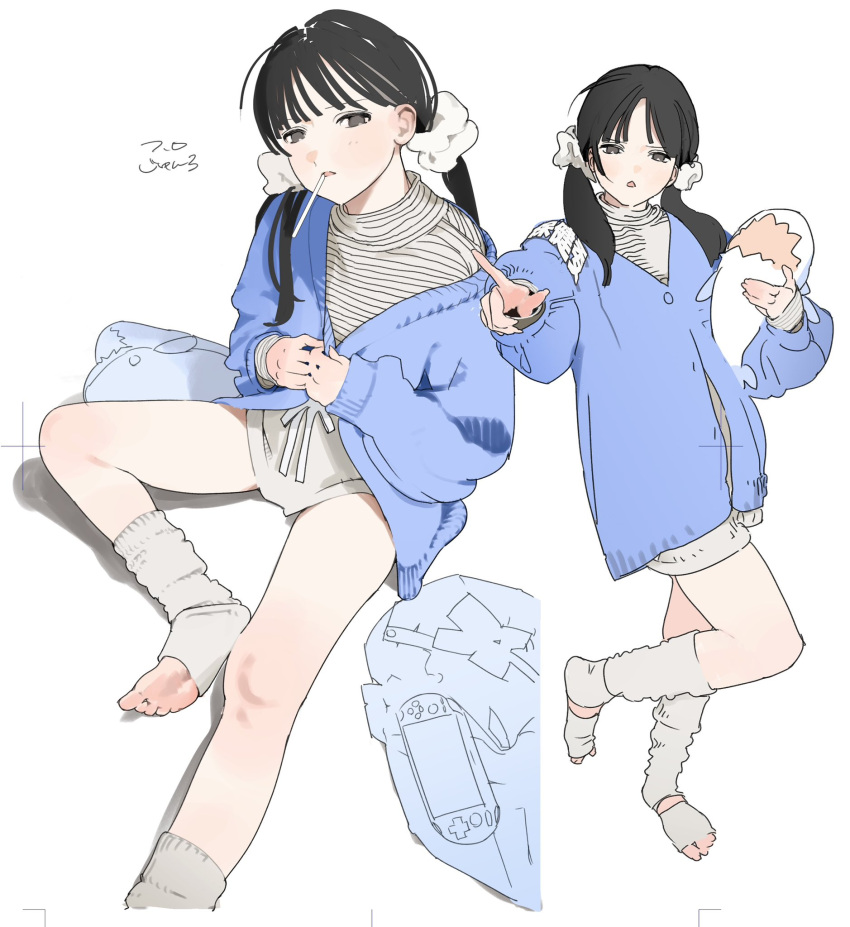 1girl, black_eyes, black_hair, highres, junro, loli, open_mouth, original, ribbon, shorts, simple_background, socks, sweater, thighs, twintails, white_background, white_ribbon