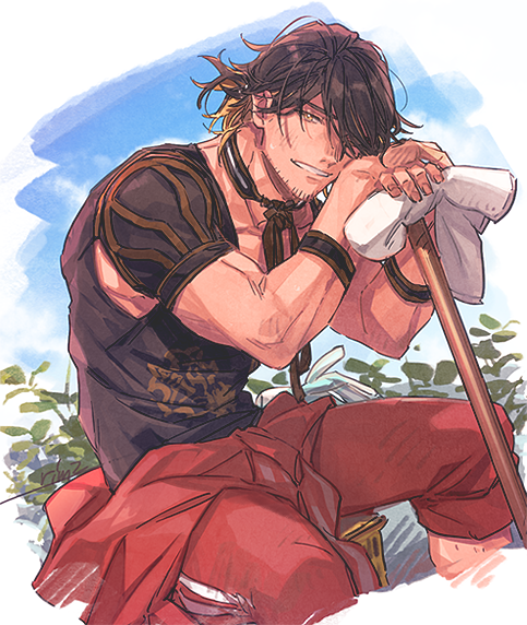 1boy, armband, armpit_cutout, black_armband, black_choker, black_hair, black_shirt, blue_sky