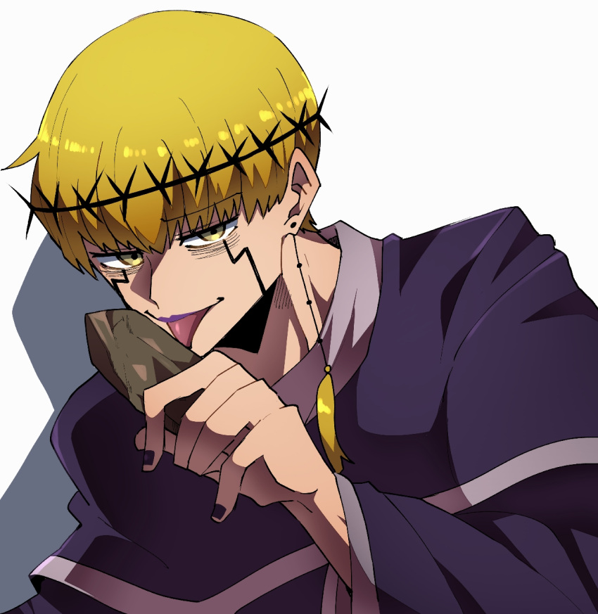 1boy, black_nails, blonde_hair, capelet, cell_war, facial_mark, hairband, highres, himazinn100, licking, long_sleeves, mashle, purple_capelet, rock, short_hair, solo, spiked_hairband, spikes, upper_body, yellow_eyes