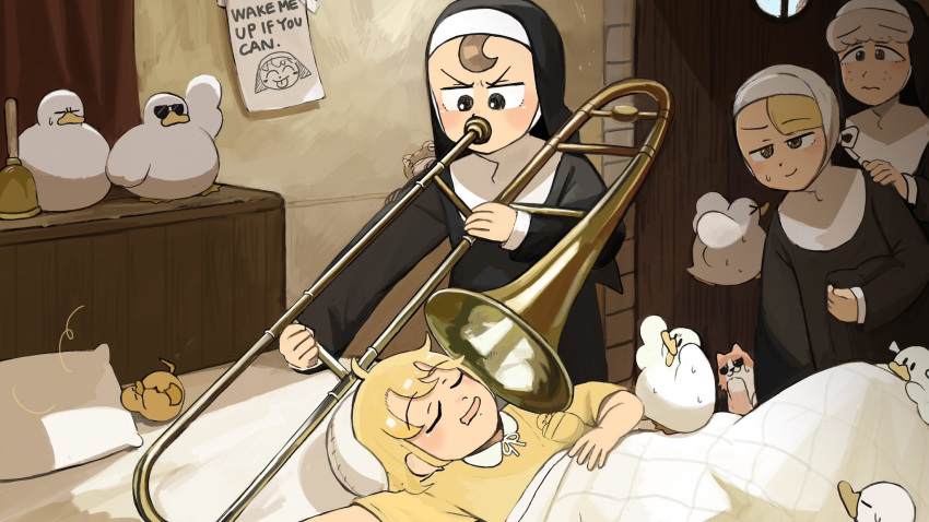 4girls, bird, brown_eyes, brown_hair, cat, chicken, clumsy_nun_(diva), diva_(hyxpk), duck, duckling, english_commentary, freckles, frog, froggy_nun_(diva), grey_hair, habit, highres, instrument, little_nuns_(diva), multiple_girls, nun, pajamas, poster_(object), sheep_nun_(diva), sleeping, spicy_nun_(diva), sunglasses, traditional_nun, trombone, yellow_eyes, yellow_pajamas