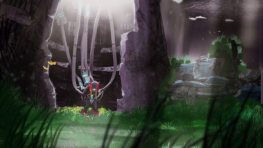 1boy, armor, bent_over, blurry, blurry_foreground, bug, butterfly, cable