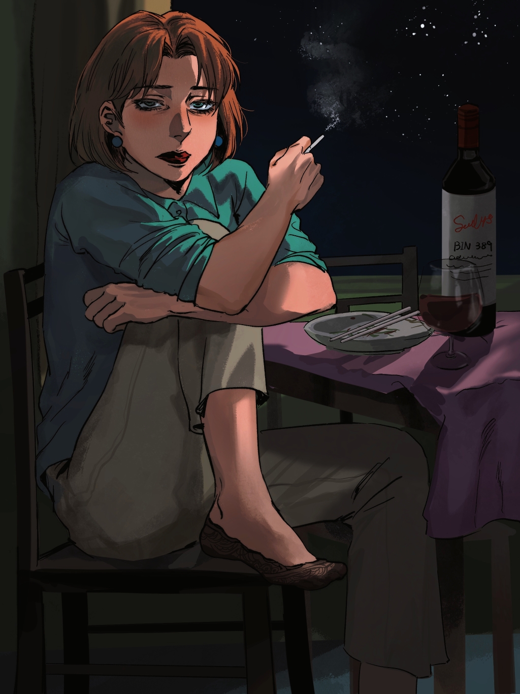 1girl, alcohol, borderline7839, bottle, bowl, brown_pants, chair, chopsticks