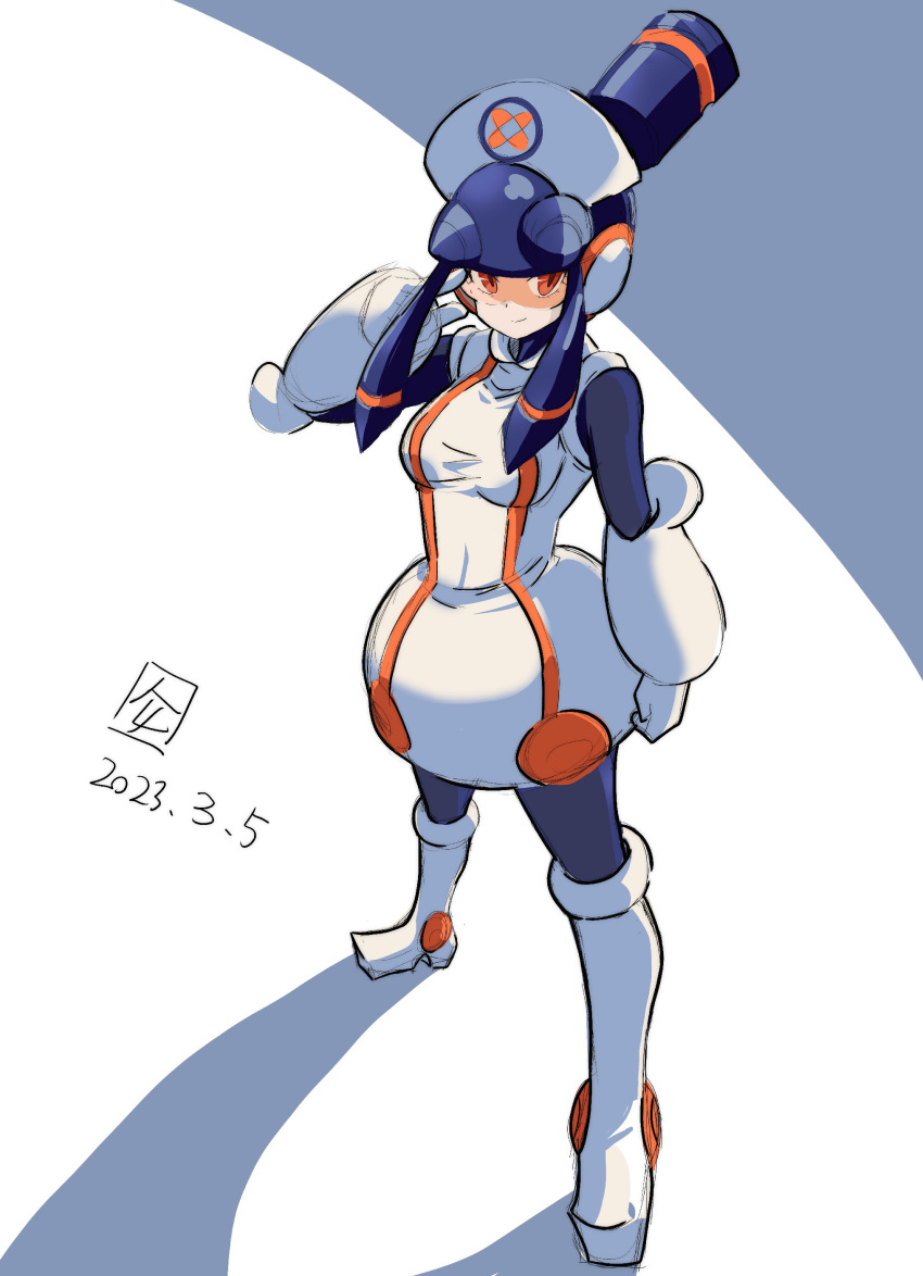 1girl, absurdres, assault_visor, black_bodysuit, black_hair, black_helmet, bodysuit, breasts, dated, dress, hat, highres, meddy.exe_(mega_man), medium_breasts, mega_man_(series), mega_man_battle_network_(series), nurse, nurse_cap, ph6xeivbgpimggg, red_eyes, shadow, sketch, solo, white_dress