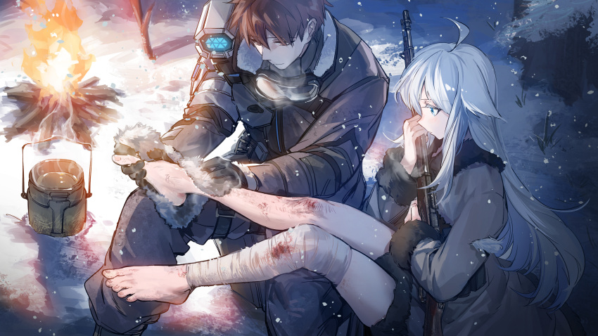1boy, 1girl, absurdres, ahoge, bandaged_leg, bandages, barefoot, blue_eyes