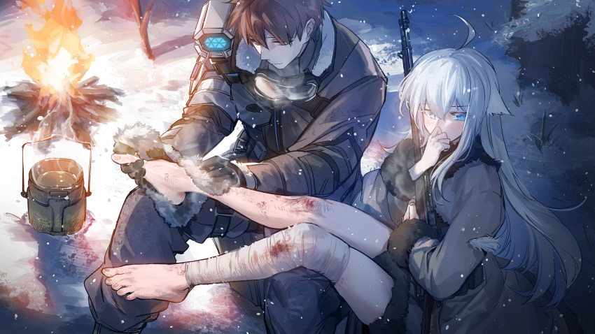 1boy, 1girl, absurdres, ahoge, bandaged_leg, bandages, barefoot, blue_eyes