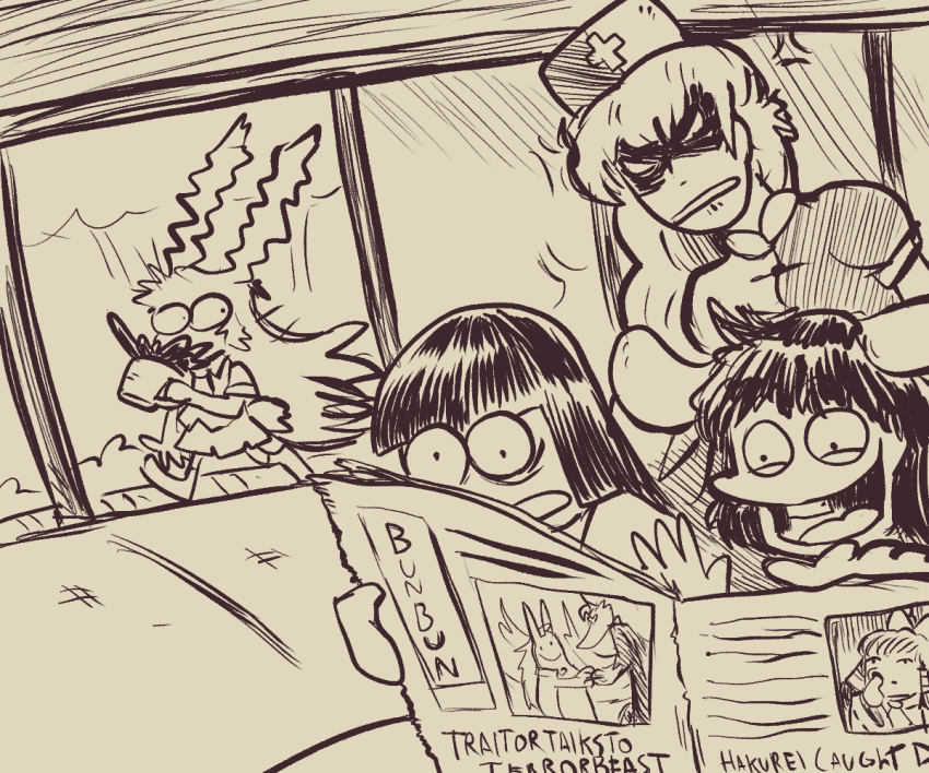 angry, animal_ears, bunbunmaru, english_text, hakurei_reimu, houraisan_kaguya, inaba_tewi, junko_(touhou)