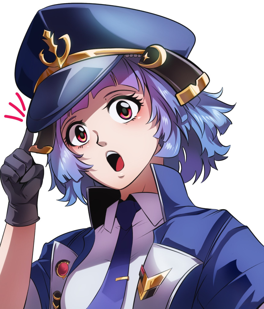 anchor_symbol, black_gloves, blue_hair, blue_jacket, blue_necktie, finger_on_hat, gloves, hai_quy, hat, highres, hime_cut, jacket, magical_girl, magicalgirlhaiquy, military_hat, necktie, open_mouth, red_eyes, short_hair, virtual_youtuber, wanderer_office, white_background