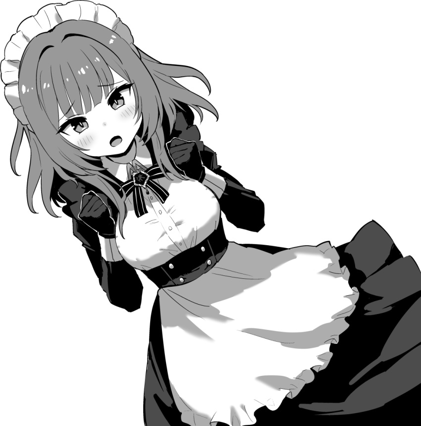 1girl, apron, azur_lane, azur_lane:_slow_ahead, blush, bow, bowtie, buttons, devonshire_(azur_lane), dress, emblem, gloves, greyscale, hands_up, hori_(hori_no_su), long_sleeves, looking_at_viewer, maid, maid_headdress, medium_hair, monochrome, official_art, open_mouth, simple_background, solo, taut_clothes, taut_dress, waist_apron, white_background
