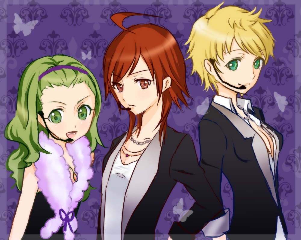 ahoge, amagase_touma, blonde_hair, brown_eyes, brown_hair, butterfly, genderswap, green_eyes