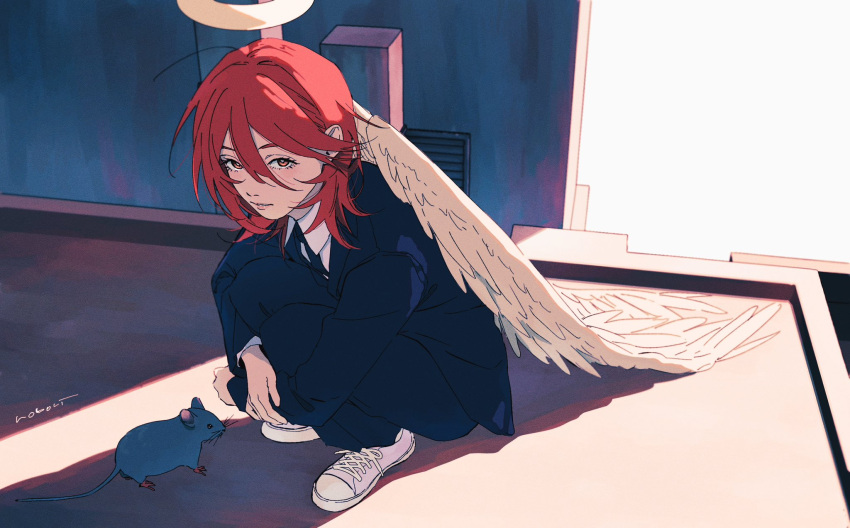 1boy, all_nobori, androgynous, angel, angel_devil_(chainsaw_man), angel_wings, artist_name, black_jacket