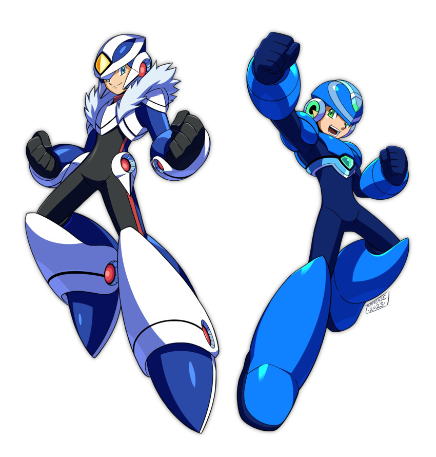2boys, android, armor, black_bodysuit, blue_armor, blue_bodysuit, blue_eyes, blue_footwear