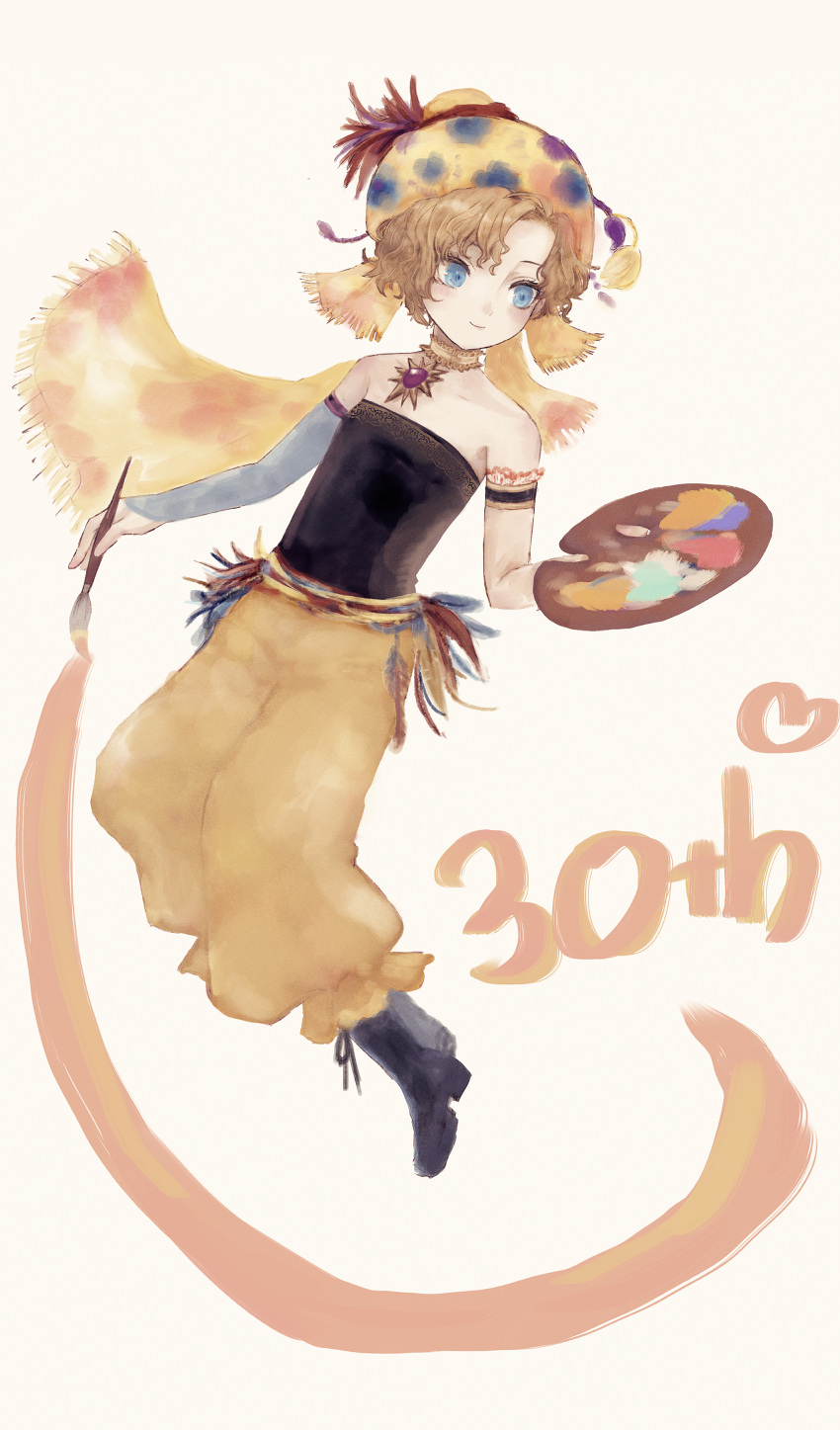 1girl, absurdres, anniversary, armband, bare_shoulders, beret, black_footwear, black_shirt, blonde_hair, blue_eyes, boots, choker, closed_mouth, detached_sleeves, final_fantasy, final_fantasy_vi, flat_chest, full_body, gem, grey_sleeves, hat, highres, holding, holding_paintbrush, long_sleeves, paint, paintbrush, palette_(object), pants, piroropepon, puffy_pants, purple_gemstone, relm_arrowny, shirt, short_hair, simple_background, single_detached_sleeve, smile, solo, strapless, strapless_shirt, white_background, white_choker, yellow_hat, yellow_pants
