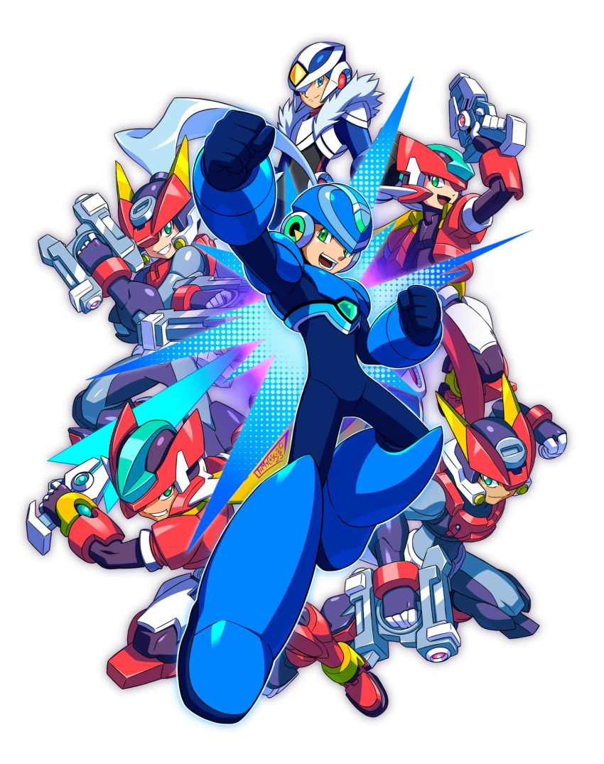 2girls, 4boys, aile_(mega_man_zx), android, armor, ashe_(mega_man), black_bodysuit, blonde_hair