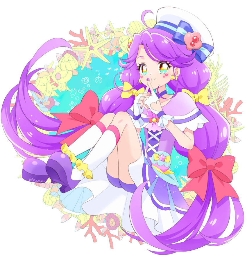 1girl, bike_shorts, bow, capelet, choker, coral, crossed_fingers, cure_coral
