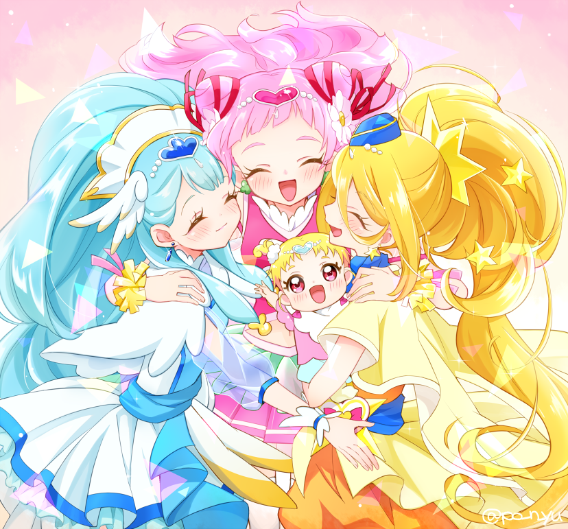 3girls, baby, blonde_hair, blue_hair, blue_hat, blue_sash, blue_scarf, cape