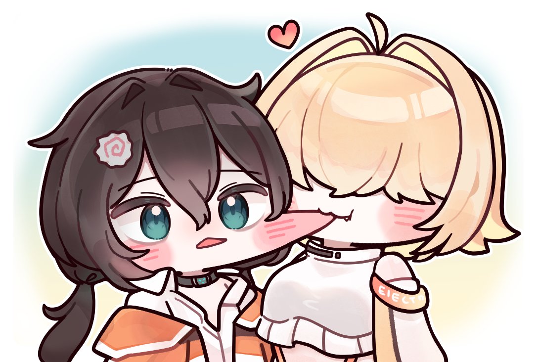 2girls, blonde_hair, blush, brown_hair, cheek_sucking, chibi, clothing_cutout, crop_top