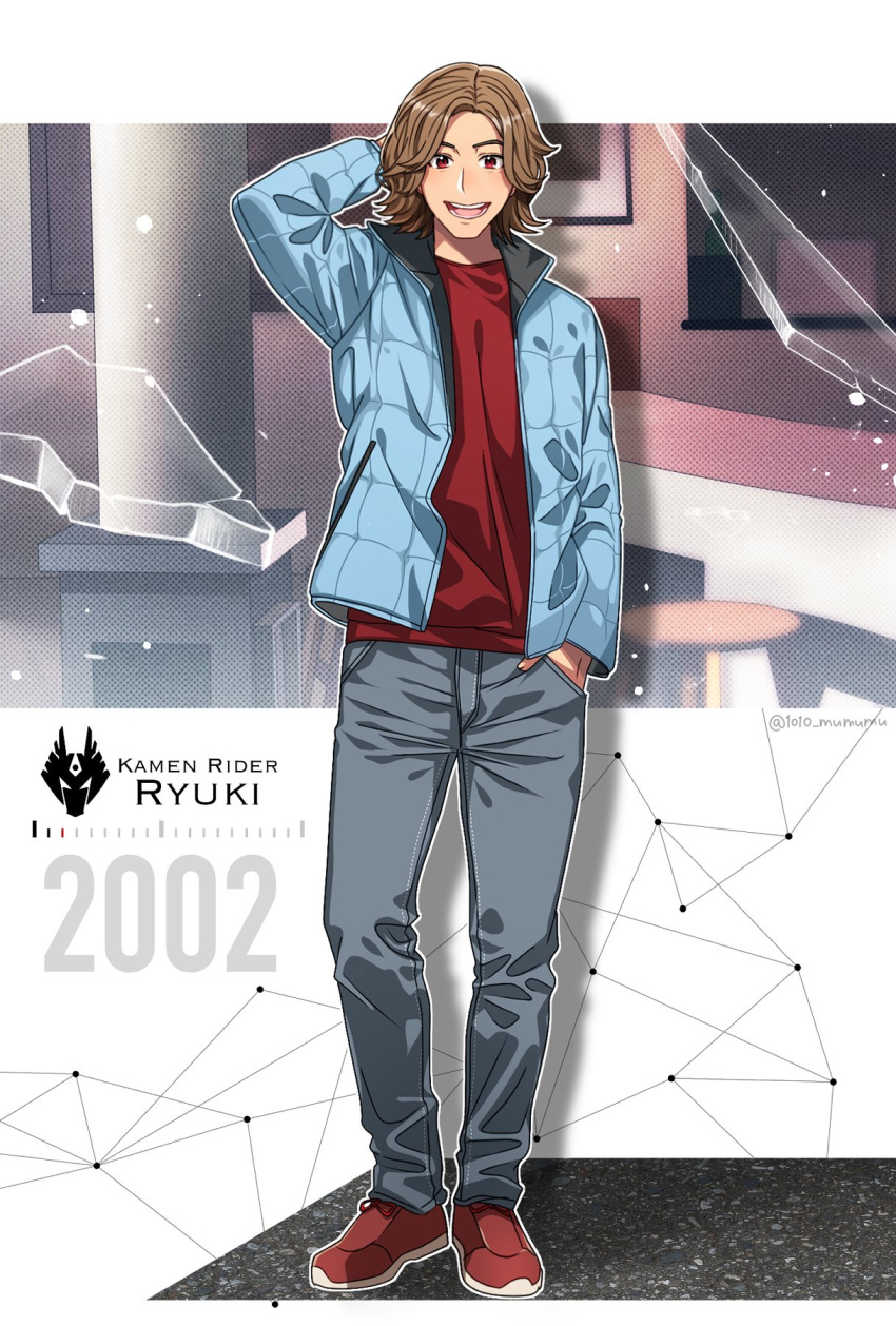 1010_mumumu, 1boy, 2002, arm_behind_head, blue_jacket, broken_mirror, brown_hair, contrapposto