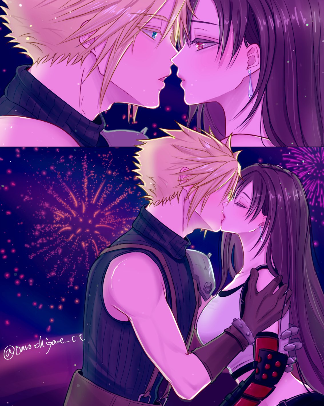 1boy, 1girl, aerial_fireworks, armor, bare_shoulders, black_hair, black_skirt, black_sports_bra