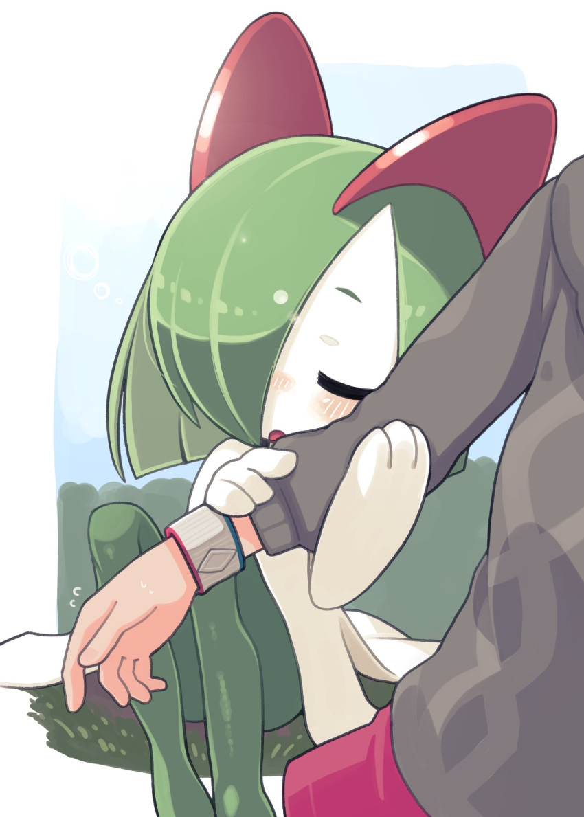 arm_hug, blush, closed_eyes, colored_skin, dynamax_band, flying_sweatdrops, gloria_(pokemon), green_hair
