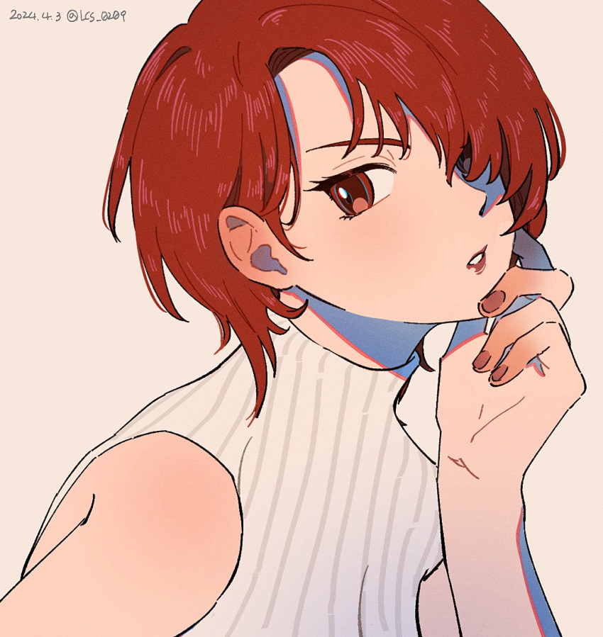 1girl, alternate_hair_length, alternate_hairstyle, blush, commentary_request, dated, ear_blush, hair_over_one_eye, hand_on_own_face, head_rest, highres, kirijou_mitsuru, lcs_0209, looking_at_viewer, official_alternate_costume, parted_lips, persona, persona_3, persona_3_reload, red_eyes, red_lips, red_nails, redhead, ribbed_sweater, short_hair, simple_background, sleeveless, sleeveless_turtleneck, solo, sweater, turtleneck, turtleneck_sweater, upper_body, white_sweater