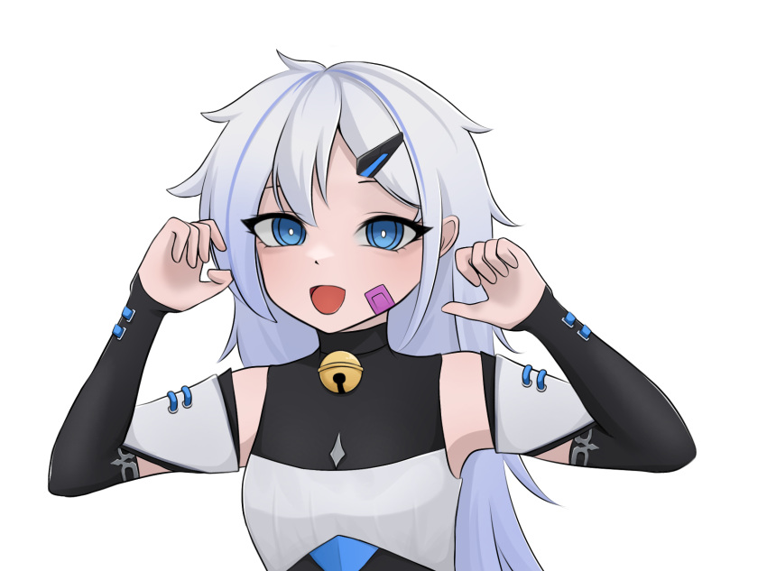 1girl, alice_(sheshhhan), bandaid, bandaid_on_cheek, bandaid_on_face, bare_shoulders, bell, blue_eyes
